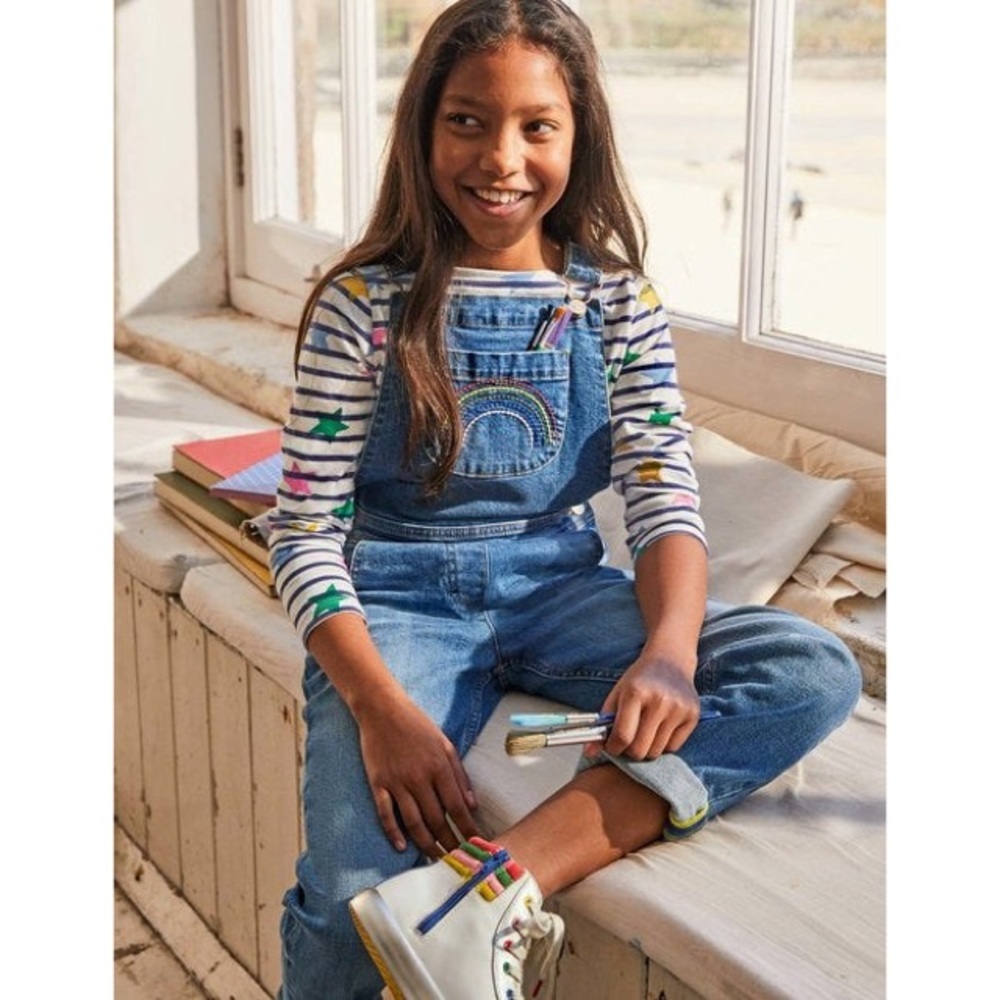 Boden Fun Overalls in Light Vintage Denim Rainbow - Picture 1 of 11
